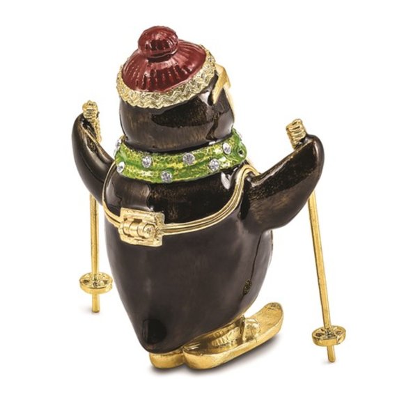 Luxury Pewter Bejeweled Crystals Enameled KOOLIO Skiing Penguin Trinket Box - Picture 3 of 6